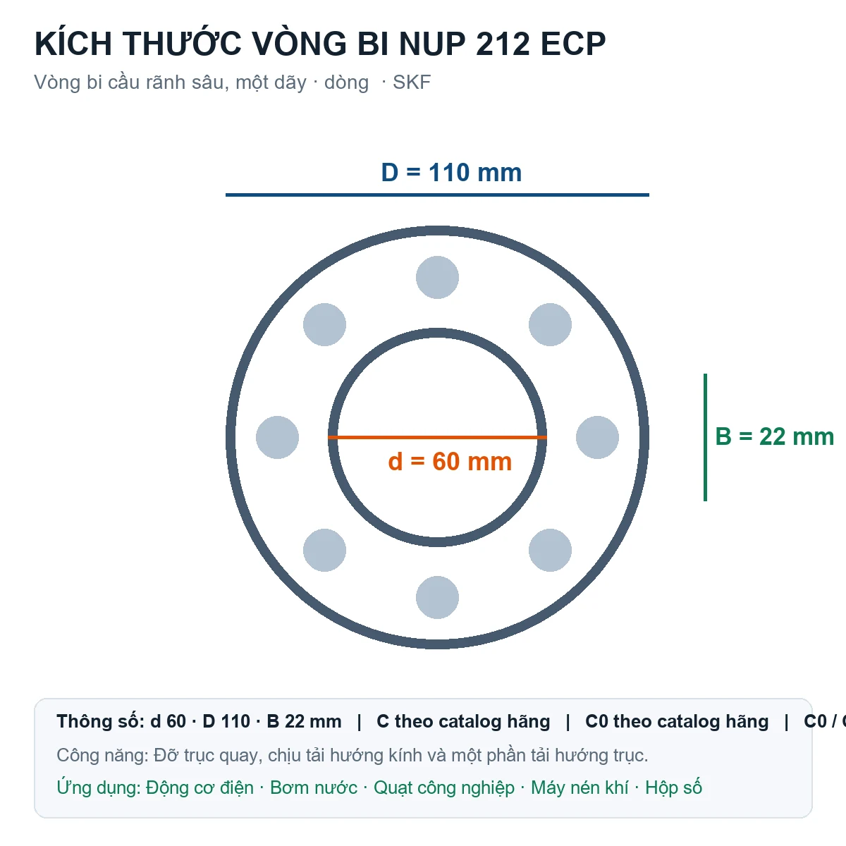 Vòng bi SKF NUP 212 ECP 60x110x22mm — Bản vẽ kích thước (Google Images)
