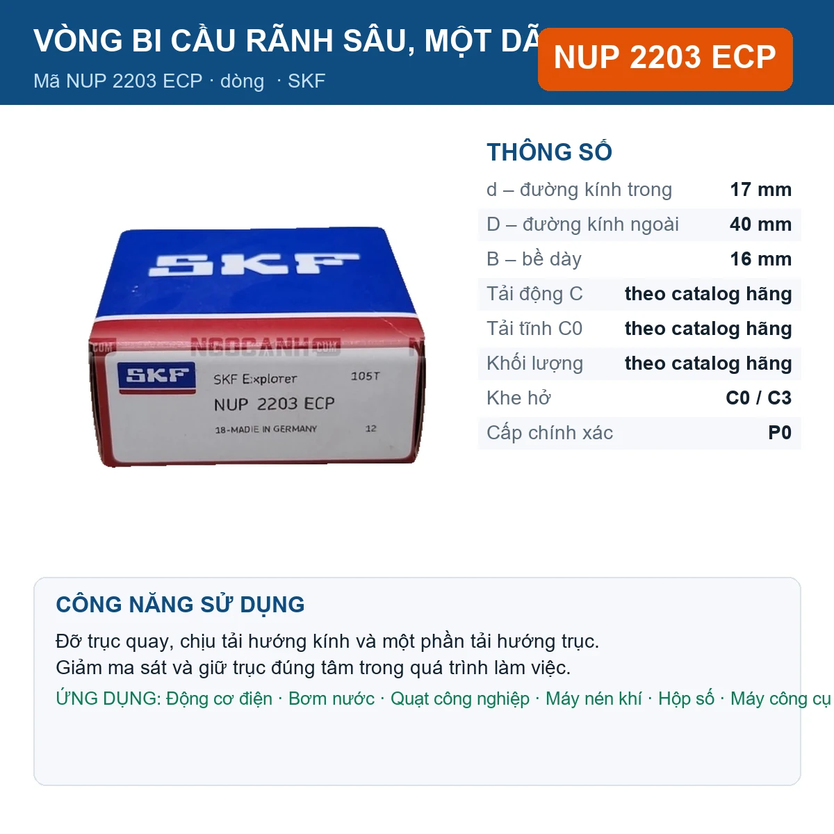 Vòng bi SKF NUP 2203 ECP — kích thước 17x40x16mm