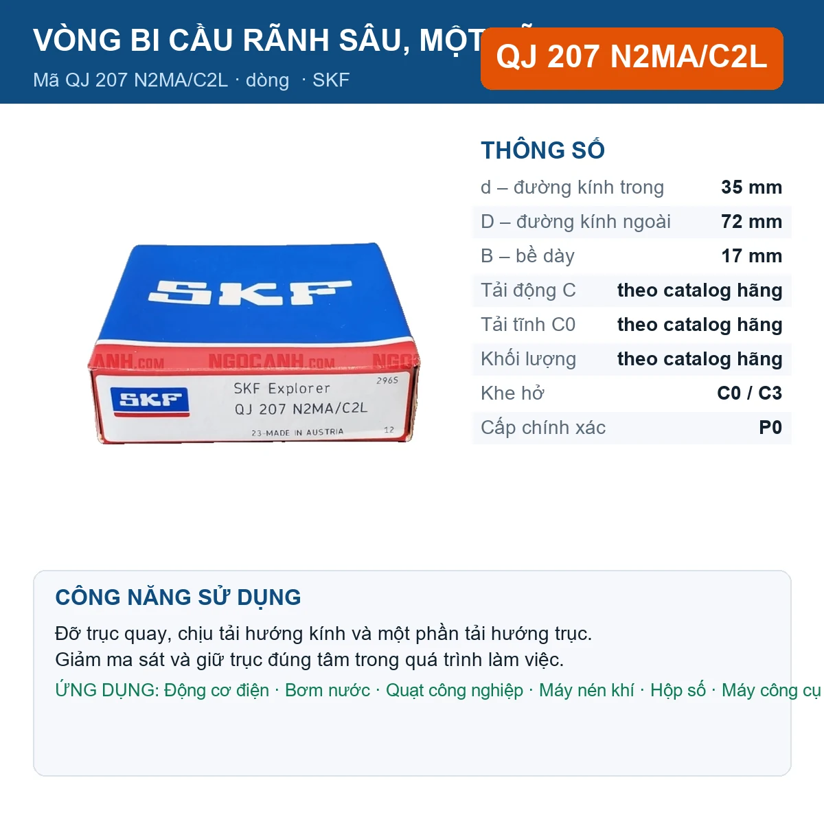 Vòng bi SKF QJ 207 N2MA/C2L 35x72x17mm — Ảnh đăng sản phẩm (web)