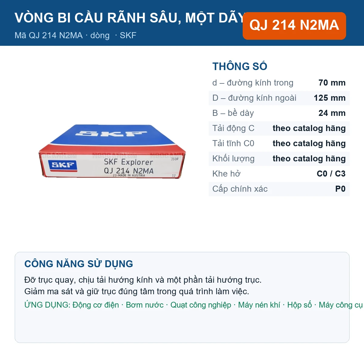 Vòng bi SKF QJ 214 N2MA 70x125x24mm — Ảnh đăng sản phẩm (web)