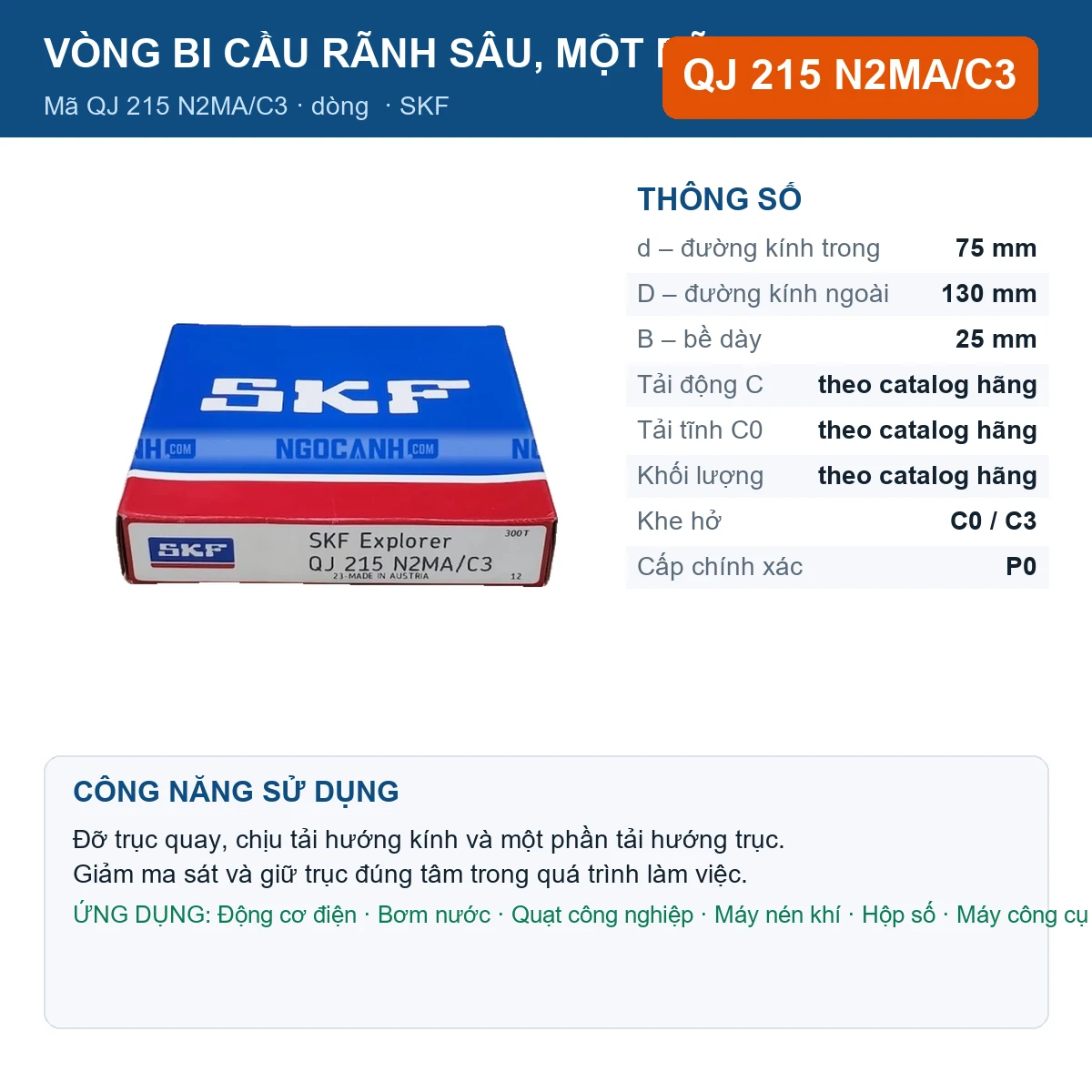 Vòng bi SKF QJ 215 N2MA/C3 75x130x25mm — Ảnh đăng sản phẩm (web)