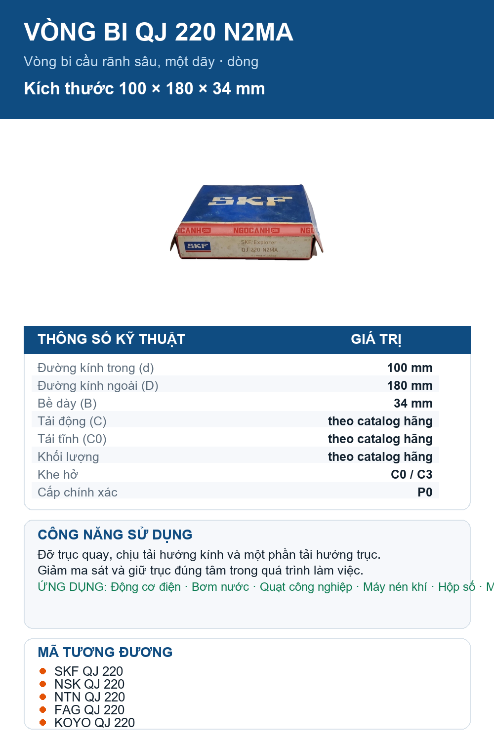 Vòng bi SKF QJ 220 N2MA 100x180x34mm — Ảnh thông số (Pinterest)