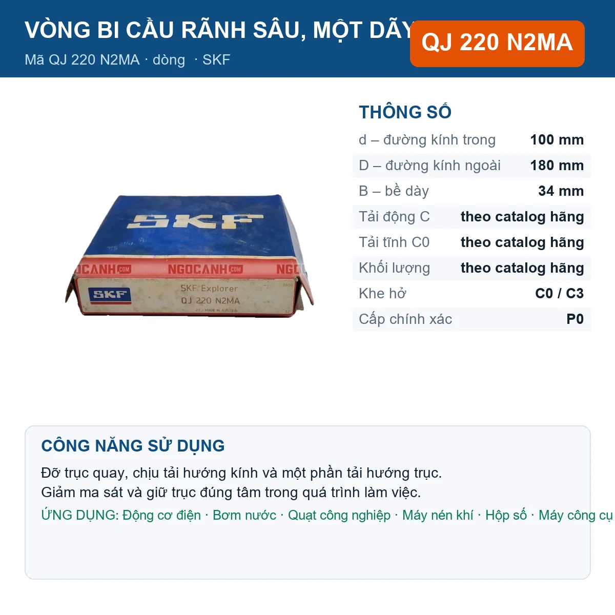 Vòng bi SKF QJ 220 N2MA 100x180x34mm — Ảnh đăng sản phẩm (web)