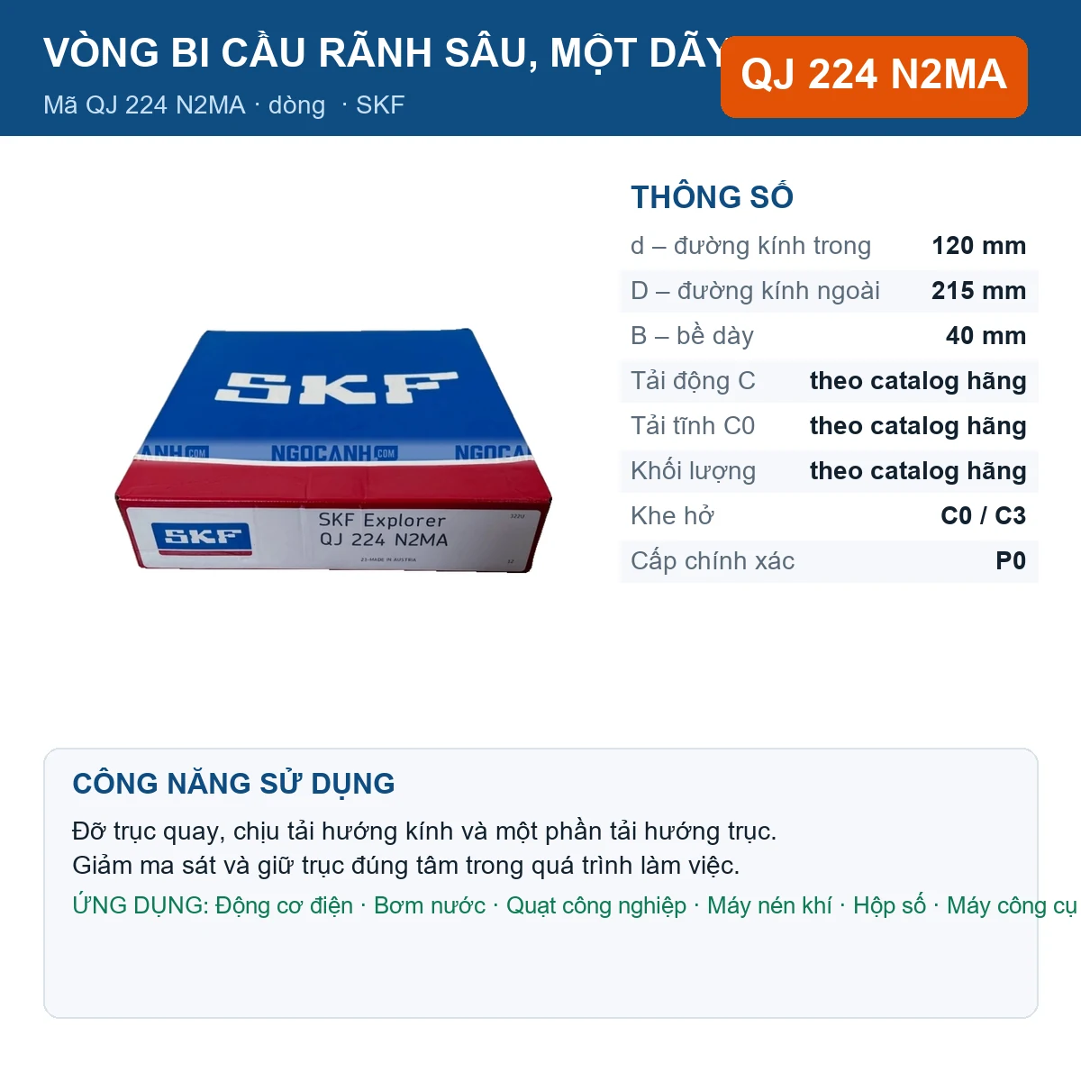 Vòng bi SKF QJ 224 N2MA 120x215x40mm — Ảnh đăng sản phẩm (web)