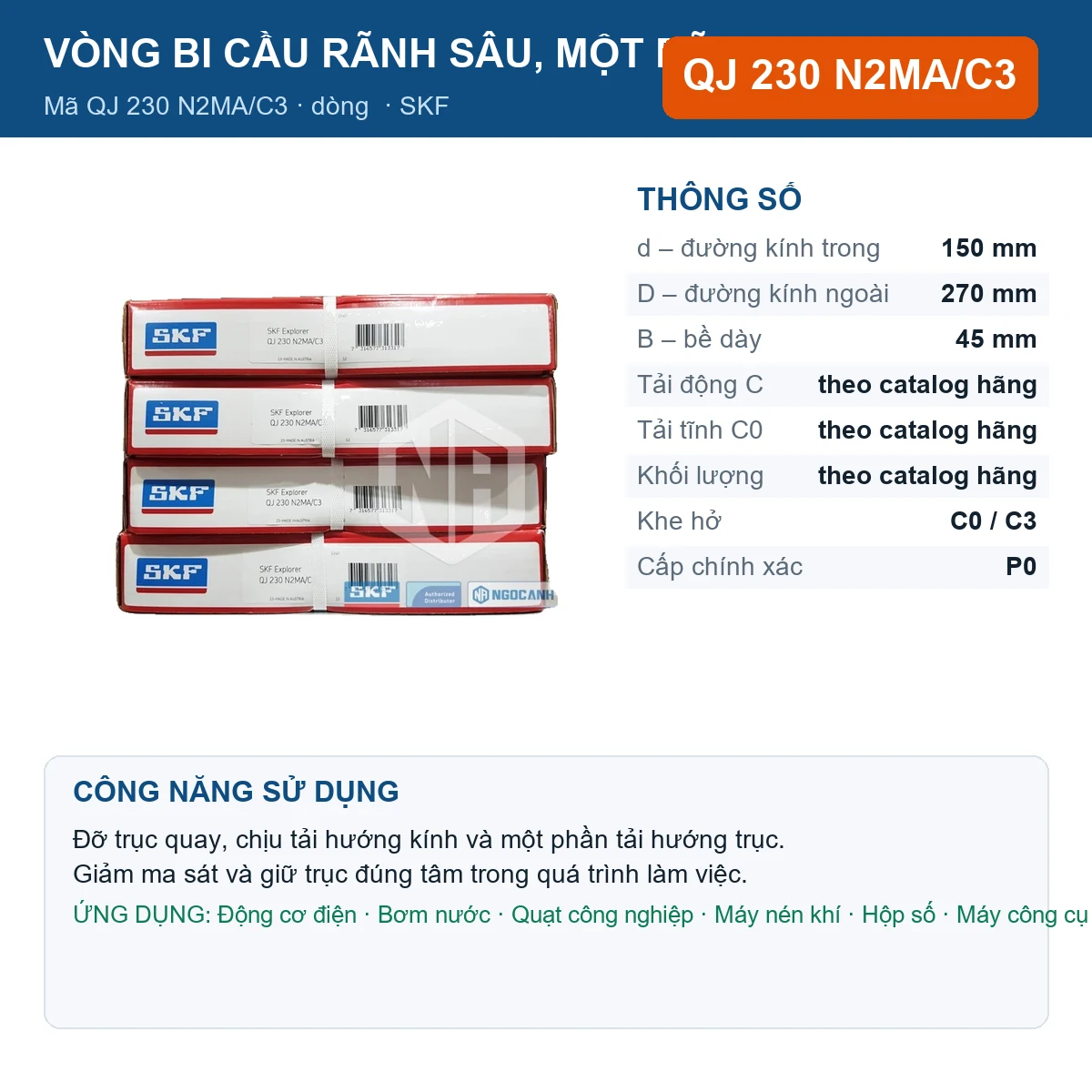 Vòng bi SKF QJ 230 N2MA/C3 150x270x45mm — Ảnh đăng sản phẩm (web)