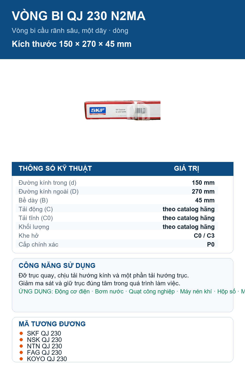 Vòng bi SKF QJ 230 N2MA 150x270x45mm — Ảnh thông số (Pinterest)