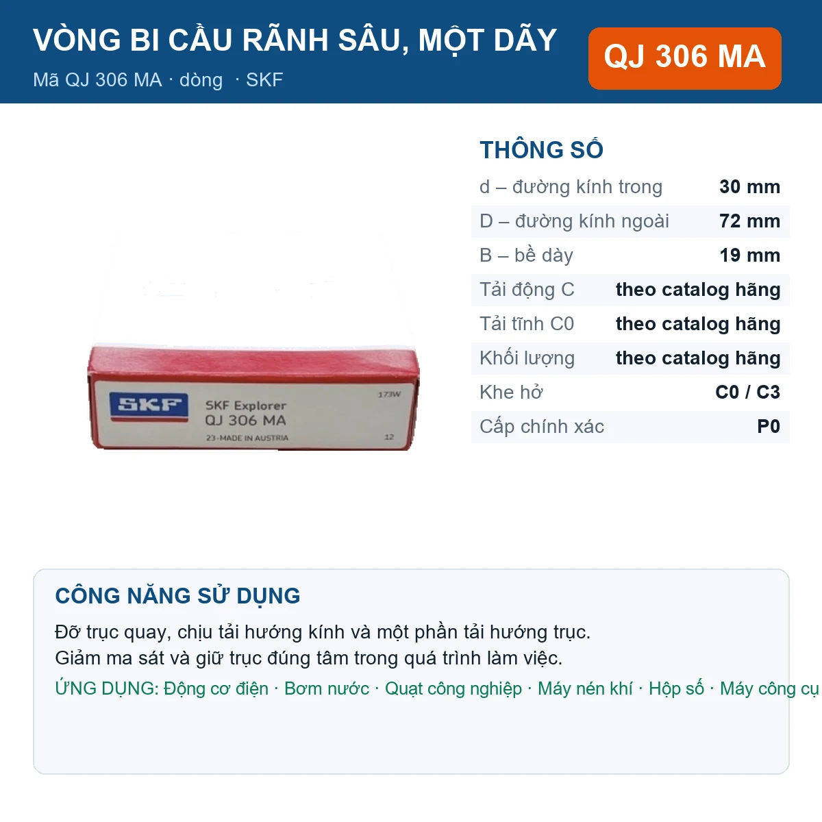 Vòng bi SKF QJ 306 MA 30x72x19mm — Ảnh đăng sản phẩm (web)
