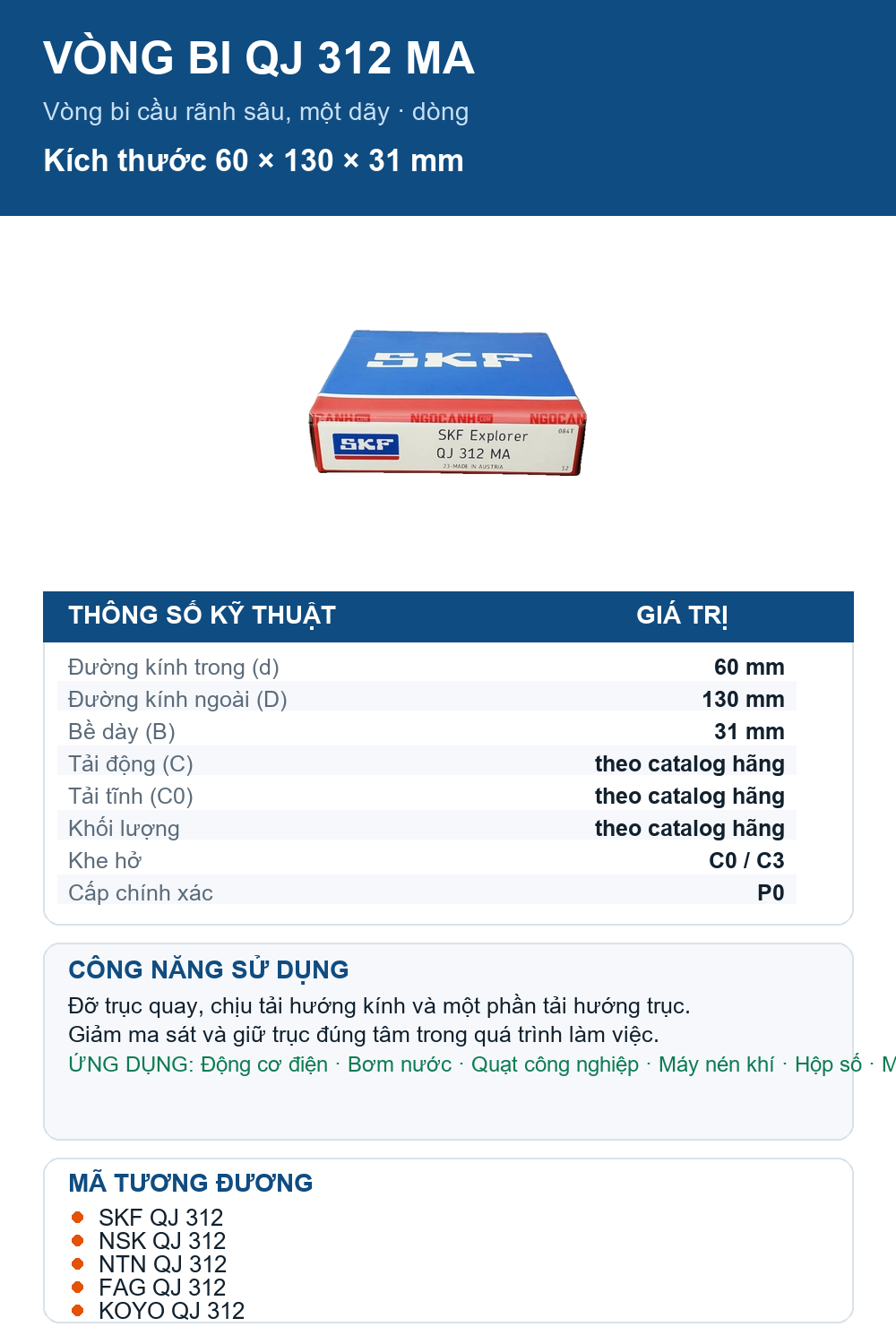 Vòng bi SKF QJ 312 MA 60x130x31mm — Ảnh thông số (Pinterest)