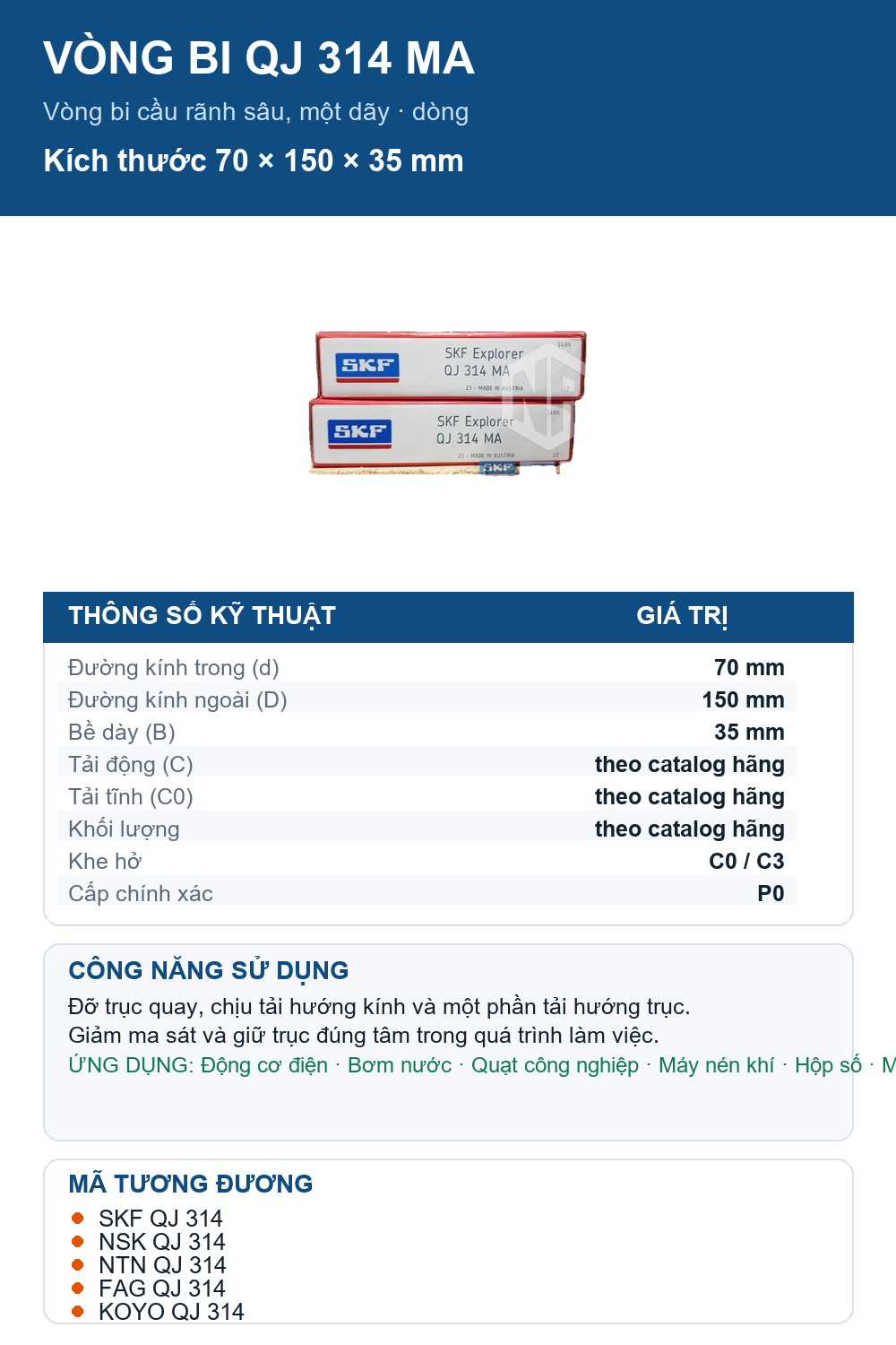Vòng bi SKF QJ 314 MA 70x150x35mm — Ảnh thông số (Pinterest)