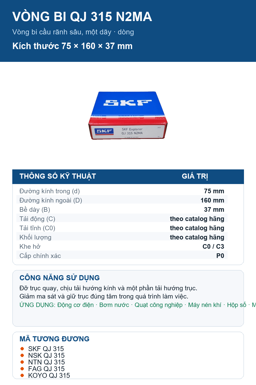 Vòng bi SKF QJ 315 N2MA 75x160x37mm — Ảnh thông số (Pinterest)