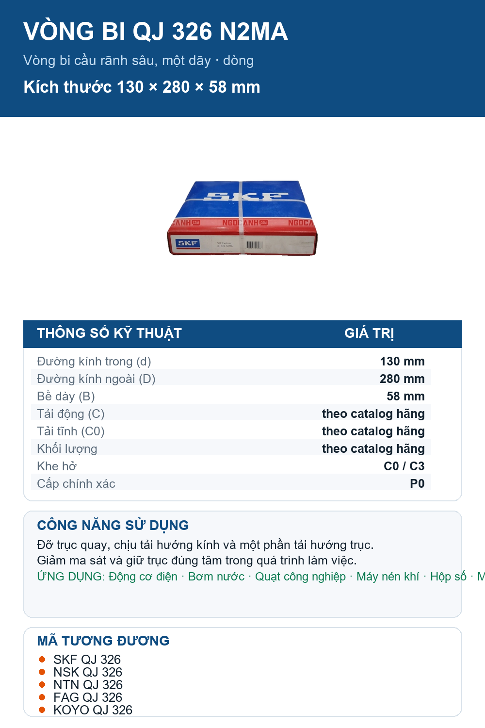 Vòng bi SKF QJ 326 N2MA 130x280x58mm — Ảnh thông số (Pinterest)