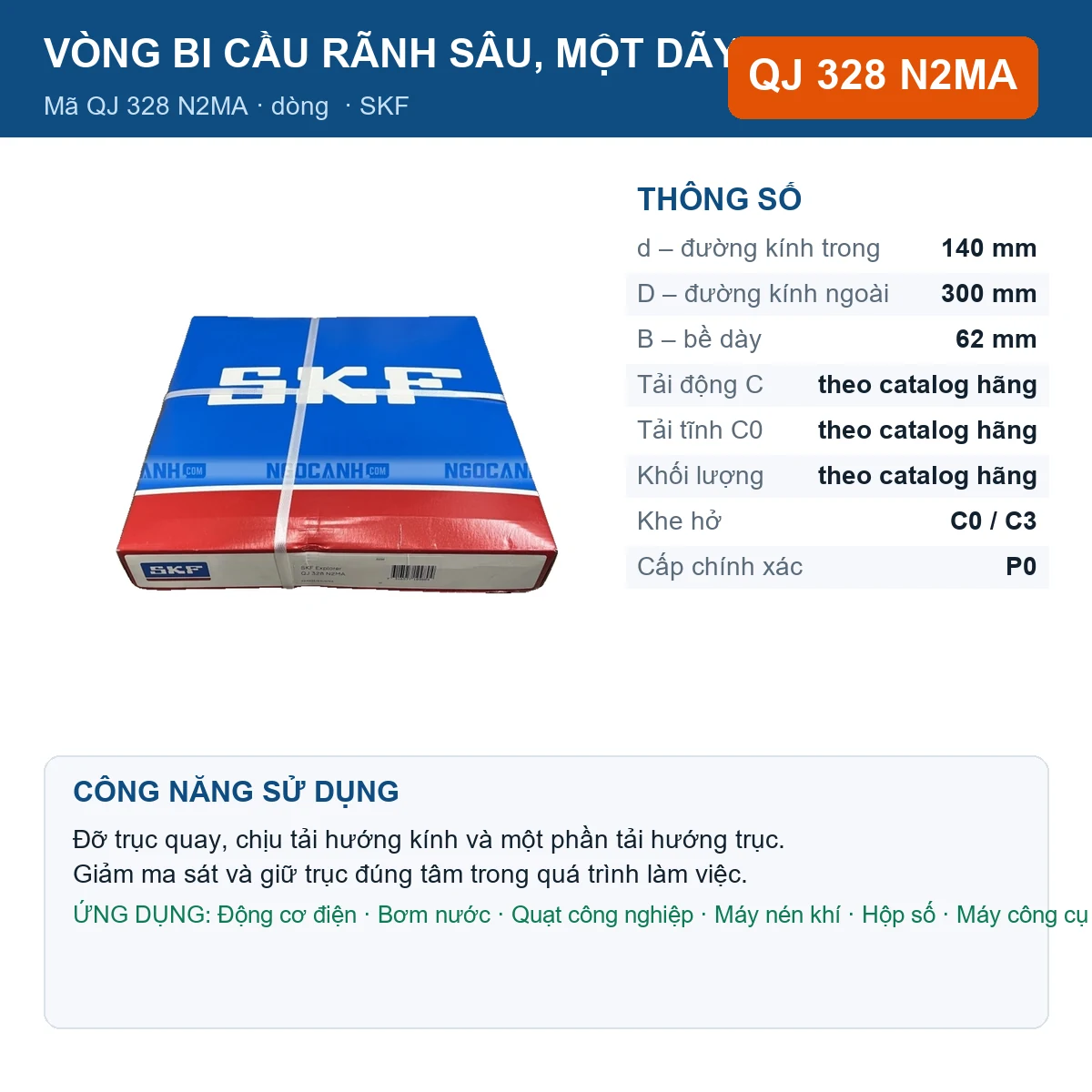 Vòng bi SKF QJ 328 N2MA 140x300x62mm — Ảnh đăng sản phẩm (web)