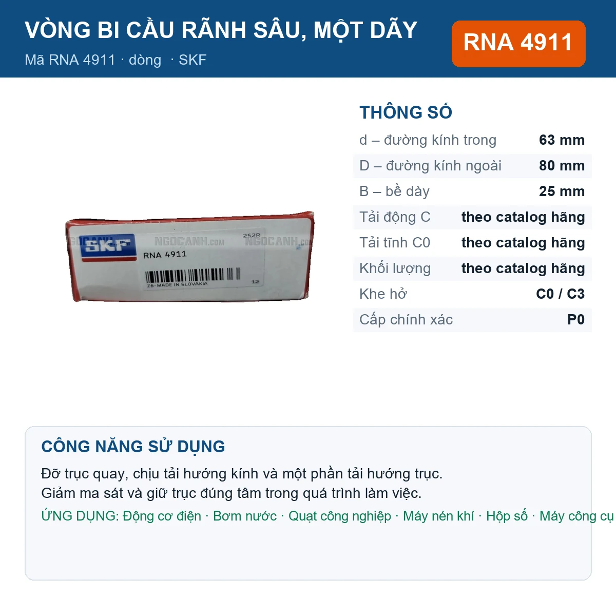 Vòng bi SKF RNA 4911 — kích thước 63x80x25mm