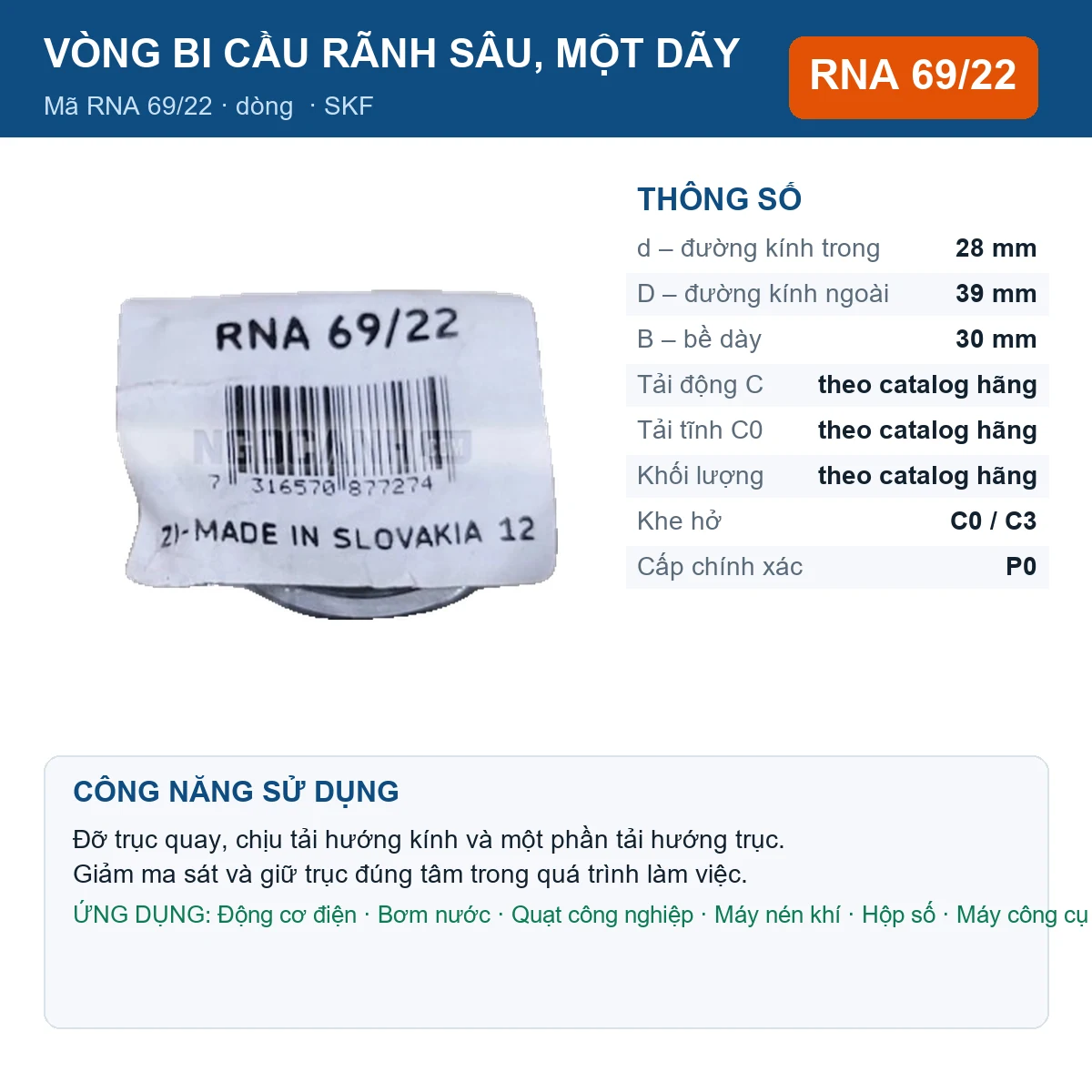 Vòng bi SKF RNA 69/22 28x39x30mm — Ảnh đăng sản phẩm (web)