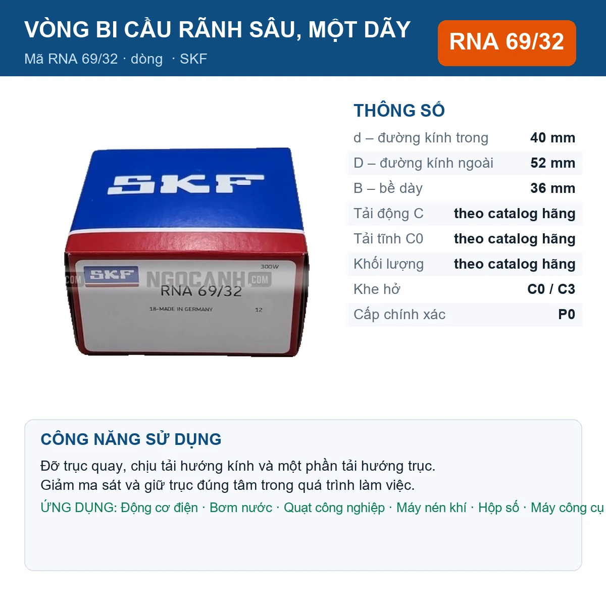 Vòng bi SKF RNA 69/32 — kích thước 40x52x36mm