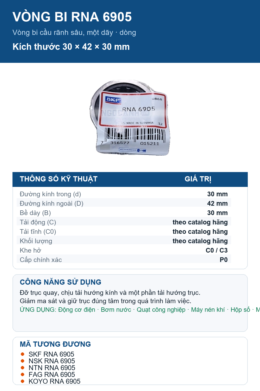 Vòng bi SKF RNA 6905 30x42x30mm — Ảnh thông số (Pinterest)