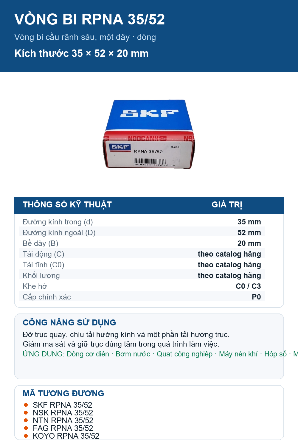 Vòng bi SKF RPNA 35/52 35x52x20mm — Ảnh thông số (Pinterest)