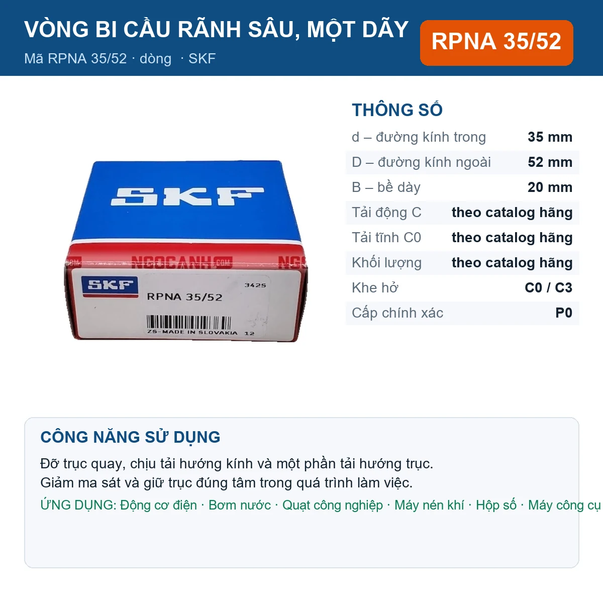 Vòng bi SKF RPNA 35/52 35x52x20mm — Ảnh đăng sản phẩm (web)