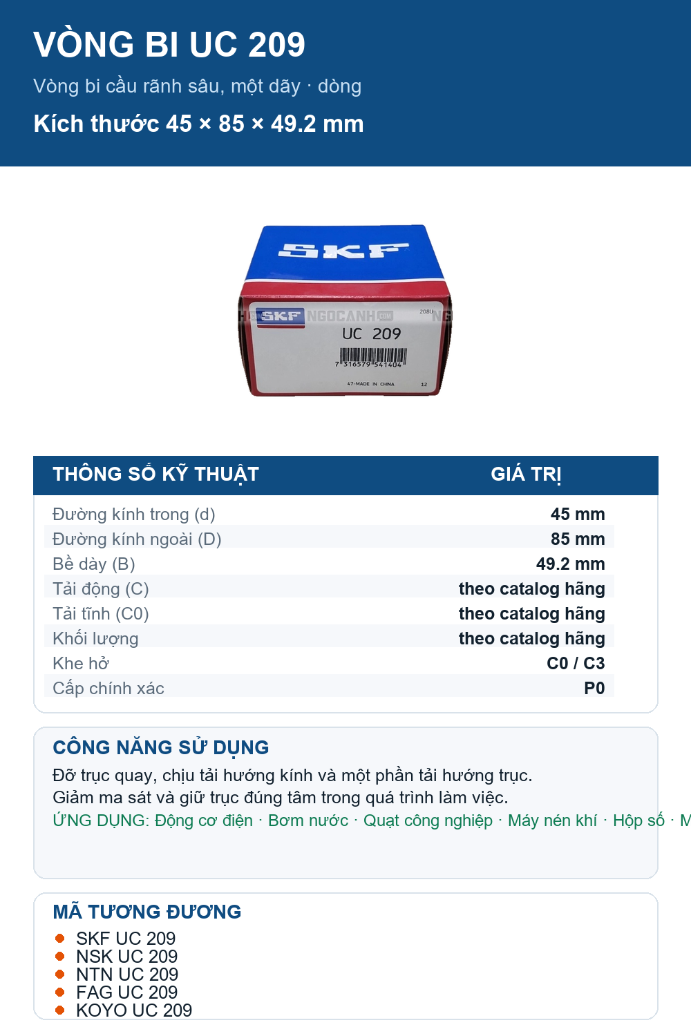 Vòng bi SKF UC 209 45x85x49.2mm — Ảnh thông số (Pinterest)