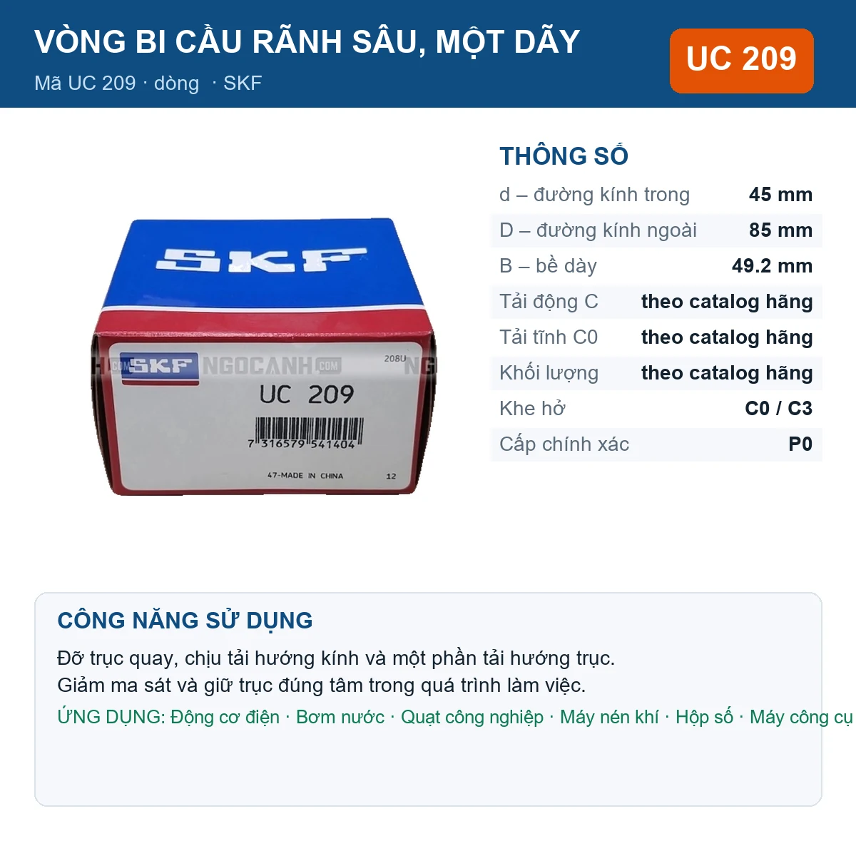 Vòng bi SKF UC 209 45x85x49.2mm — Ảnh đăng sản phẩm (web)