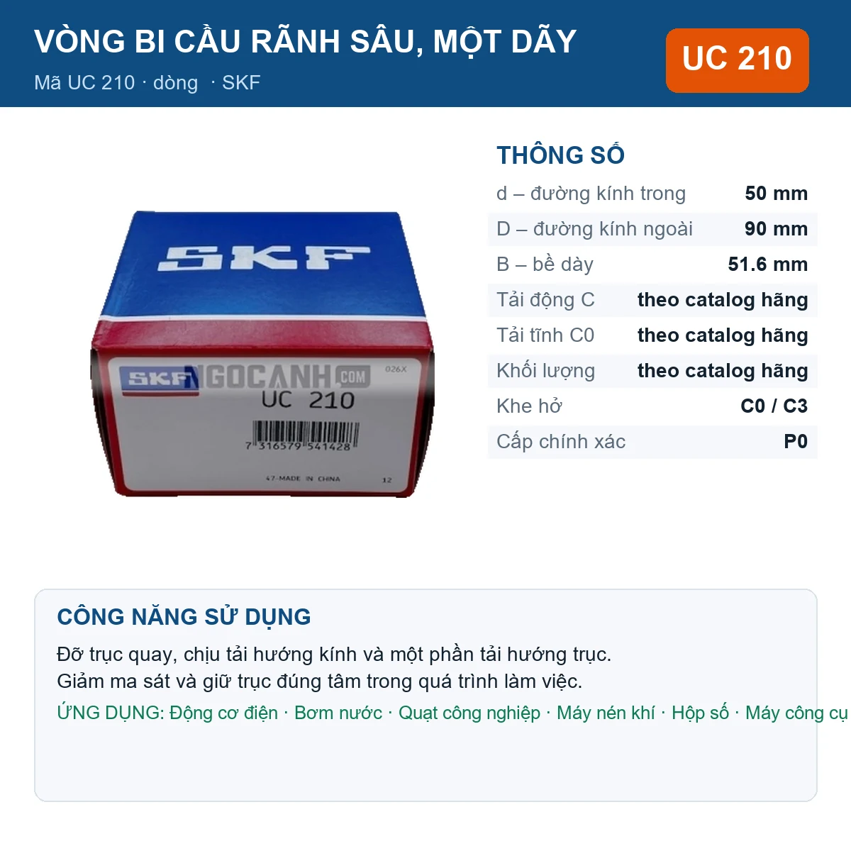 Vòng bi SKF UC 210 50x90x51.6mm — Ảnh đăng sản phẩm (web)