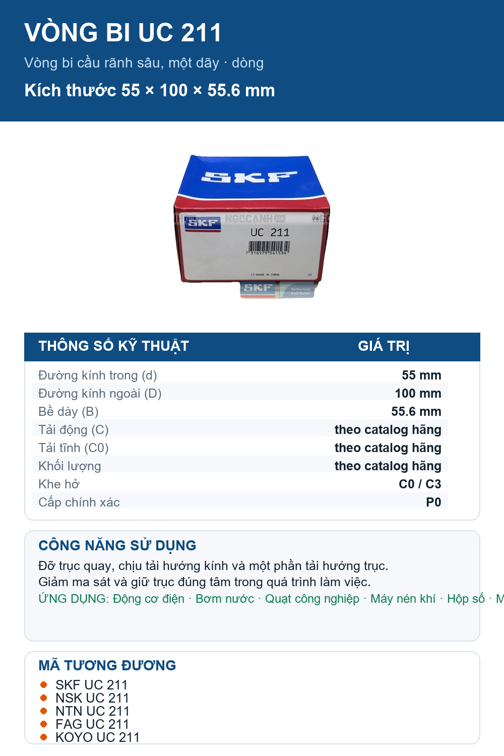 Vòng bi SKF UC 211 55x100x55.6mm — Ảnh thông số (Pinterest)