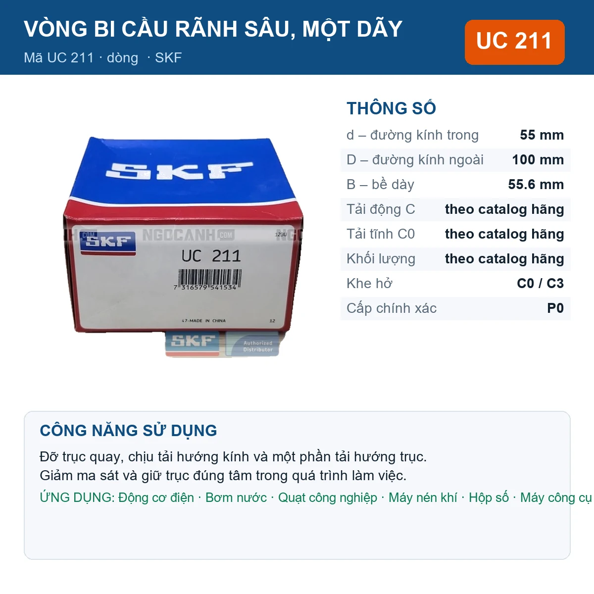 Vòng bi SKF UC 211 55x100x55.6mm — Ảnh đăng sản phẩm (web)