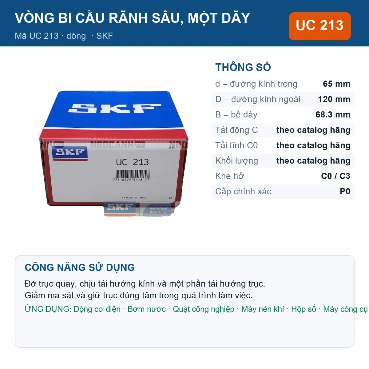 Vòng bi SKF UC 213 65x120x68.3mm — Ảnh đăng sản phẩm (web)