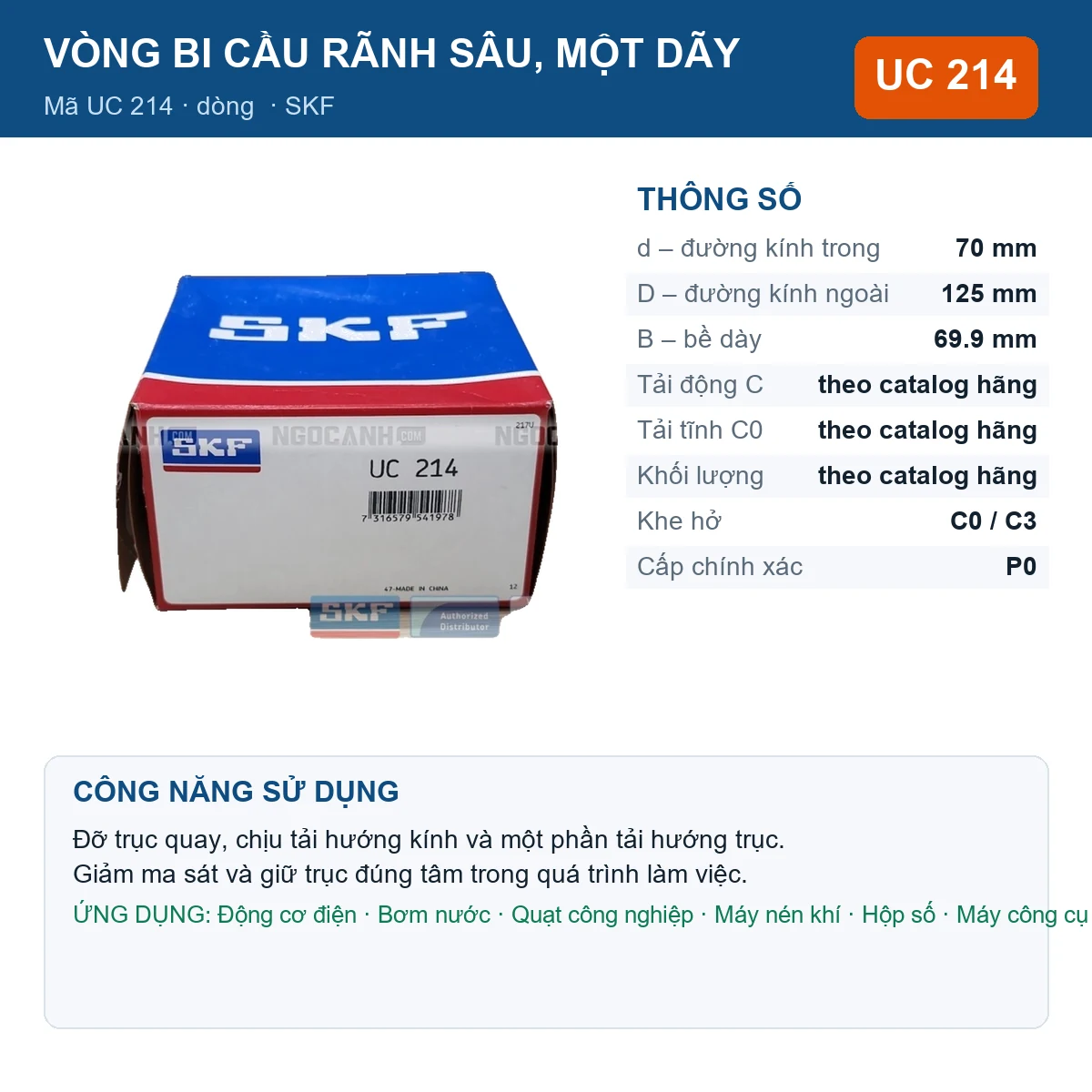 Vòng bi SKF UC 214 70x125x69.9mm — Ảnh đăng sản phẩm (web)