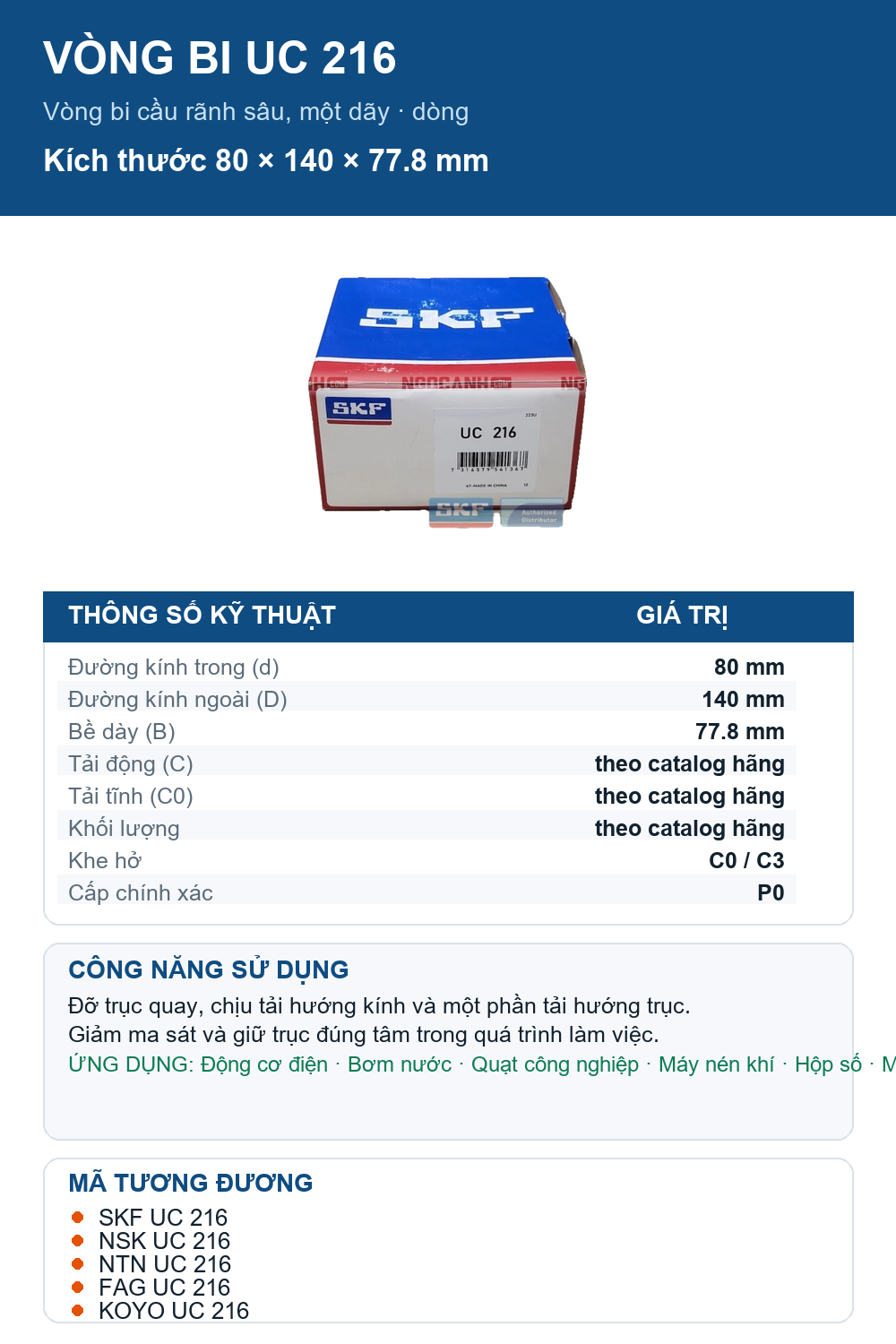 Vòng bi SKF UC 216 80x140x77.8mm — Ảnh thông số (Pinterest)