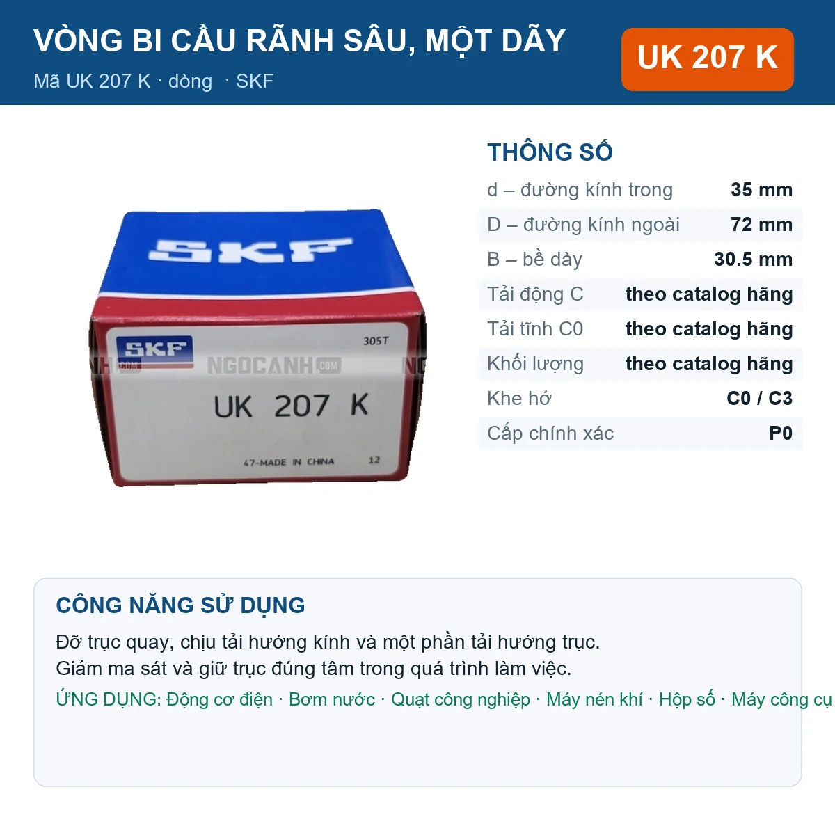 Vòng bi SKF UK 207 K 35x72x30.5mm — Ảnh đăng sản phẩm (web)