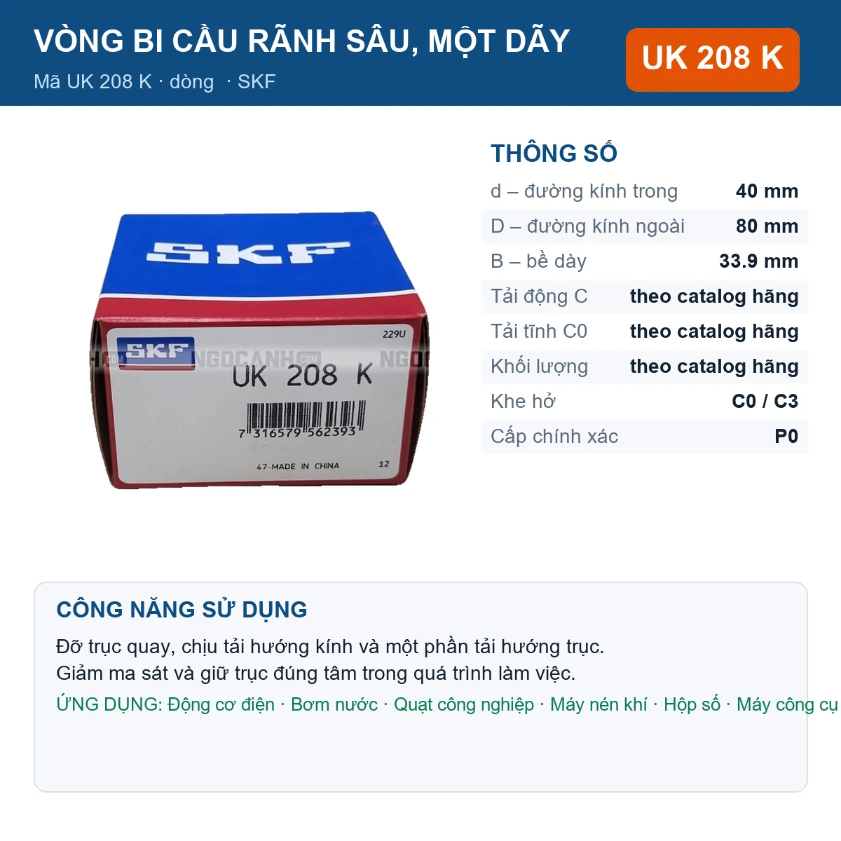 Vòng bi SKF UK 208 K 40x80x33.9mm — Ảnh đăng sản phẩm (web)