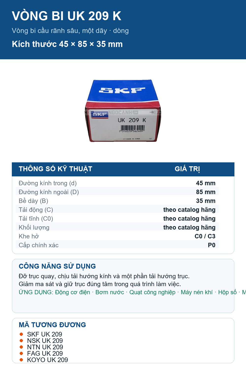 Vòng bi SKF UK 209 K 45x85x35mm — Ảnh thông số (Pinterest)