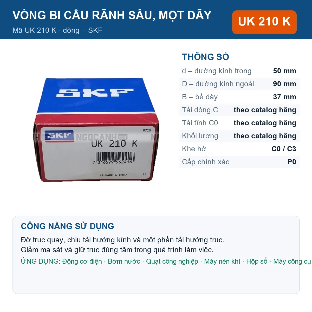 Vòng bi SKF UK 210 K 50x90x37mm — Ảnh đăng sản phẩm (web)