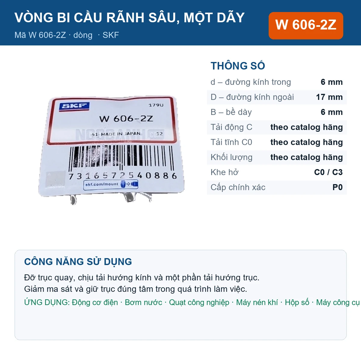 Vòng bi SKF W 606-2Z 6x17x6mm — Ảnh đăng sản phẩm (web)