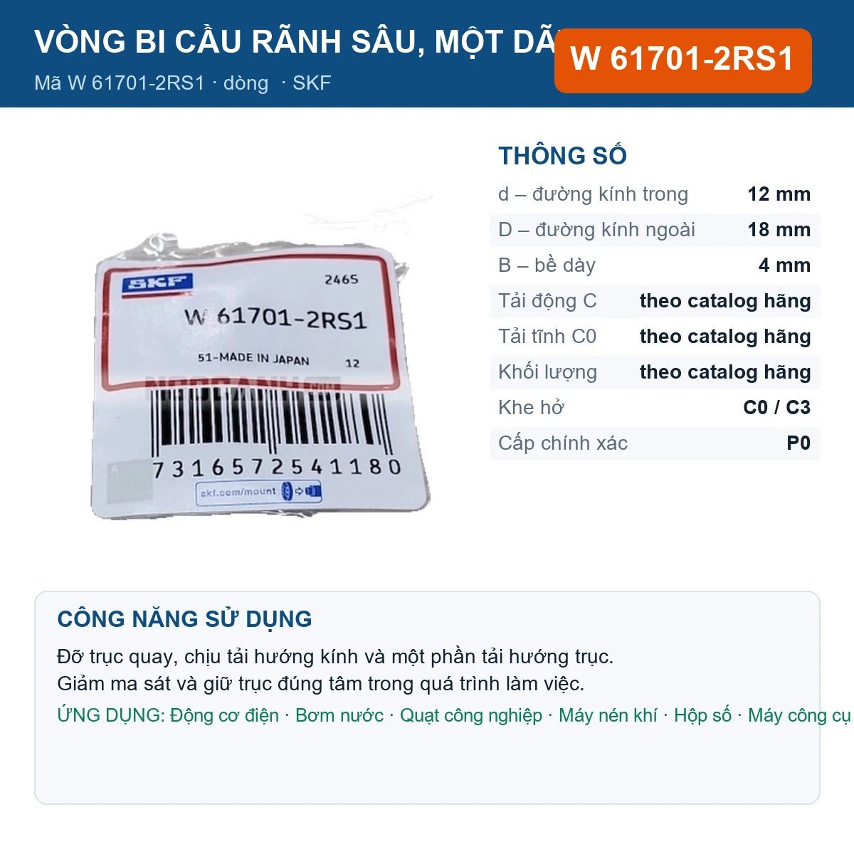 Vòng bi SKF W 61701-2RS1 12x18x4mm — Ảnh đăng sản phẩm (web)