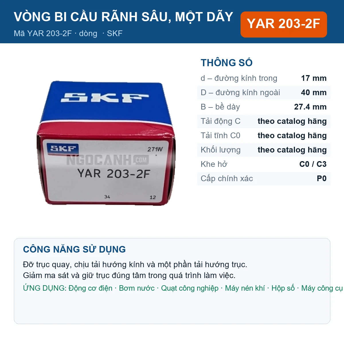 Vòng bi SKF YAR 203-2F 17x40x27.4mm — Ảnh đăng sản phẩm (web)