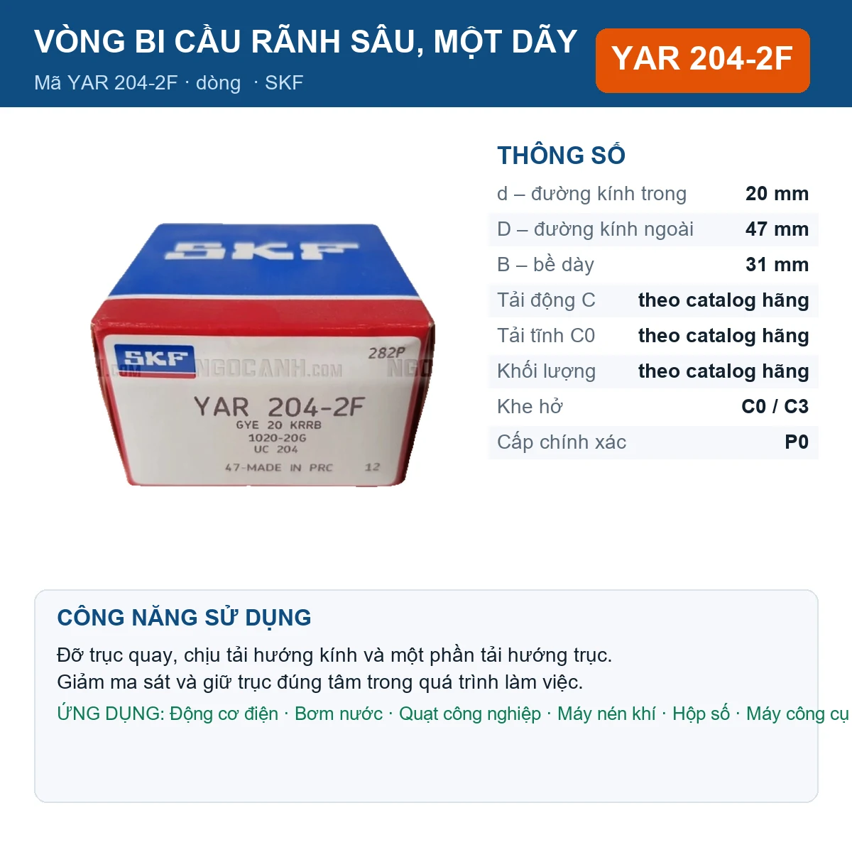 Vòng bi SKF YAR 204-2F 20x47x31mm — Ảnh đăng sản phẩm (web)