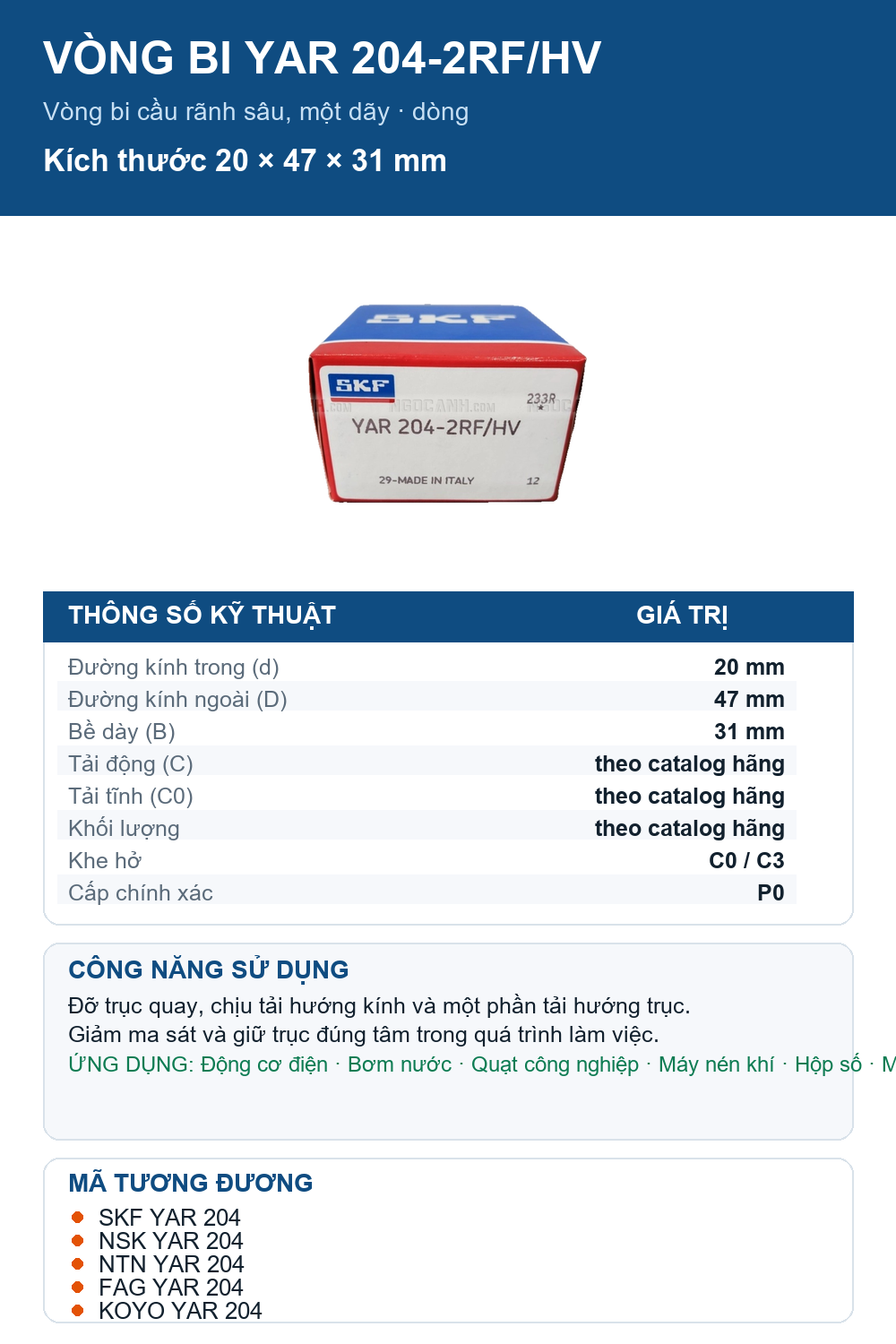 Vòng bi SKF YAR 204-2RF/HV 20x47x31mm — Ảnh thông số (Pinterest)