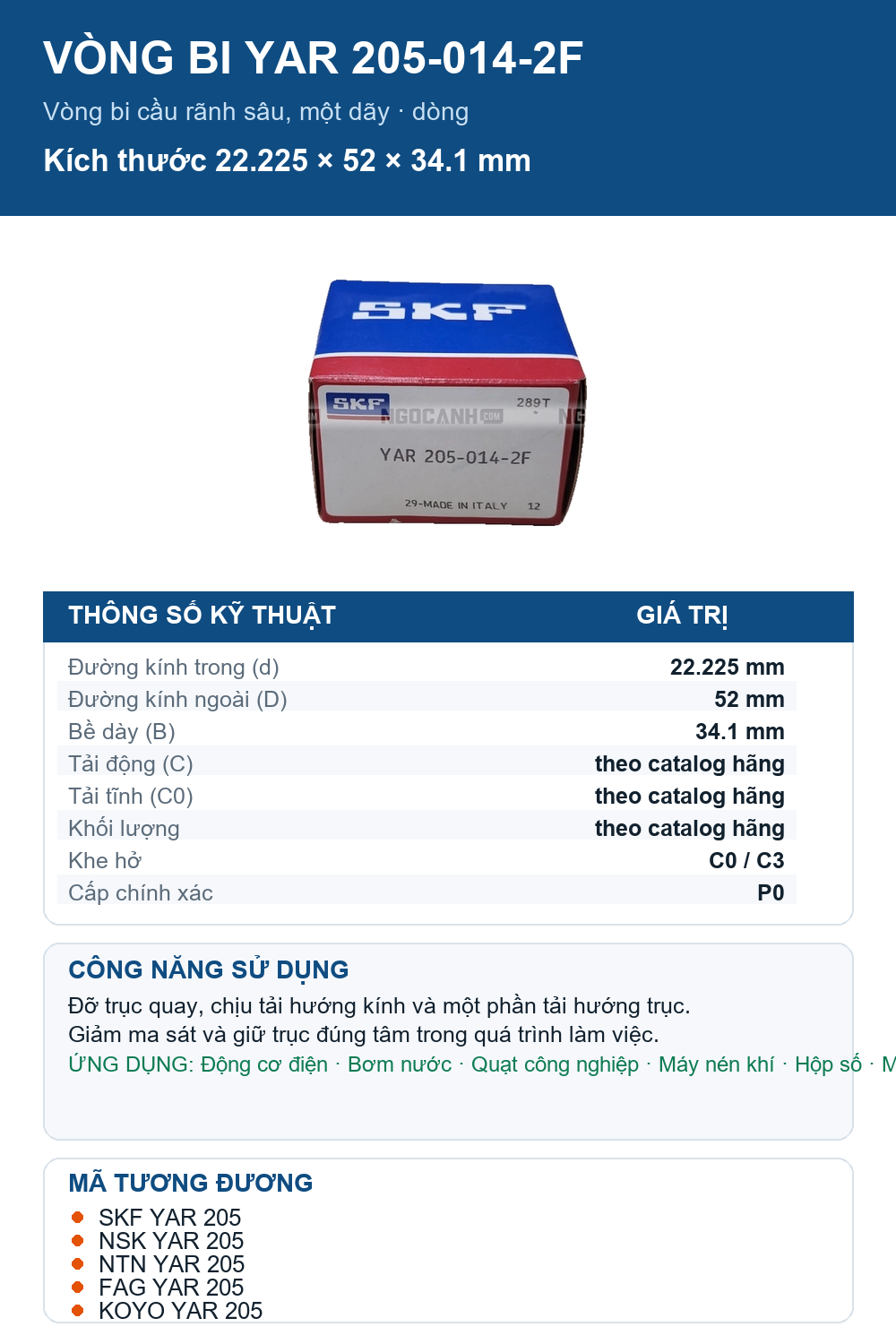 Vòng bi SKF YAR 205-014-2F 22.225x52x34.1mm — Ảnh thông số (Pinterest)