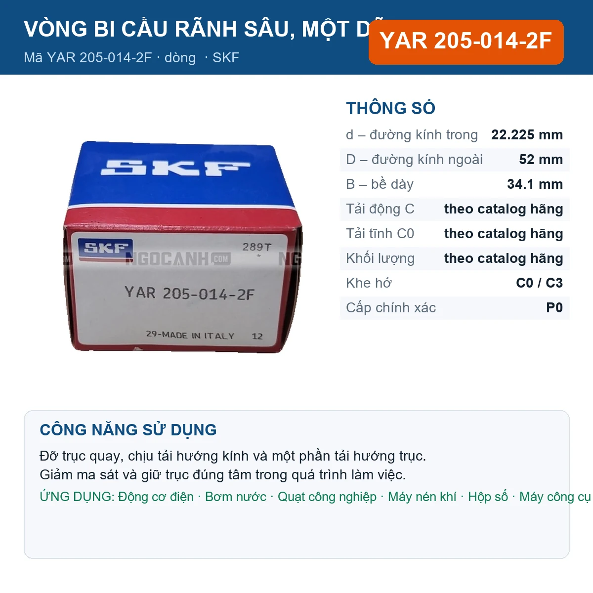 Vòng bi SKF YAR 205-014-2F — kích thước 22.225x52x34.1mm