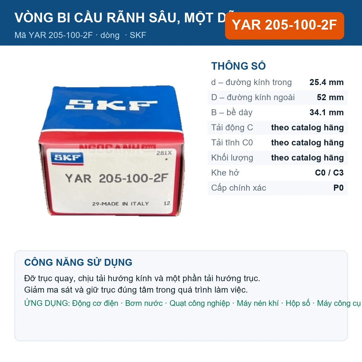 Vòng bi SKF YAR 205-100-2F — kích thước 25.4x52x34.1mm