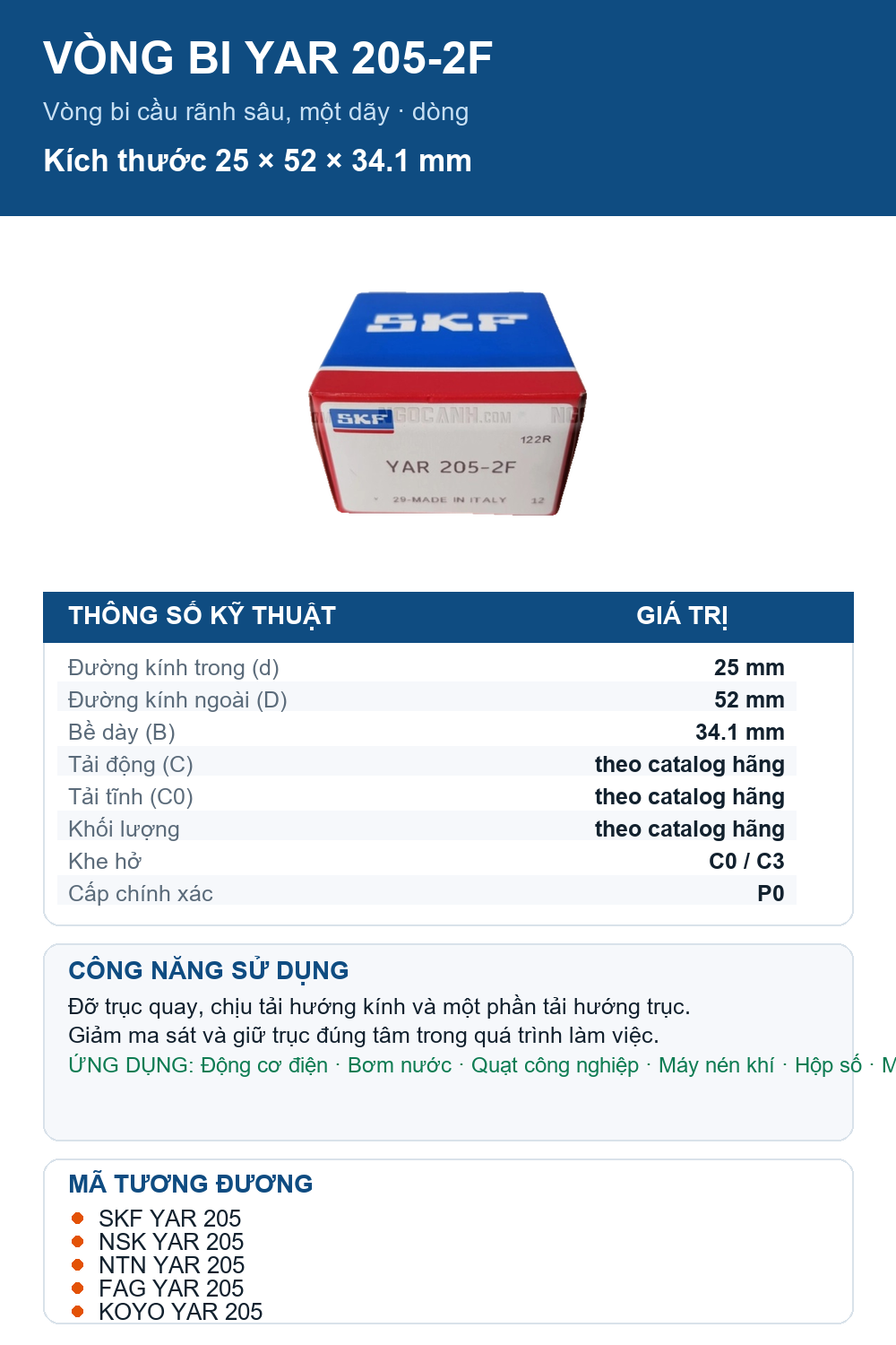 Vòng bi SKF YAR 205-2F 25x52x34.1mm — Ảnh thông số (Pinterest)