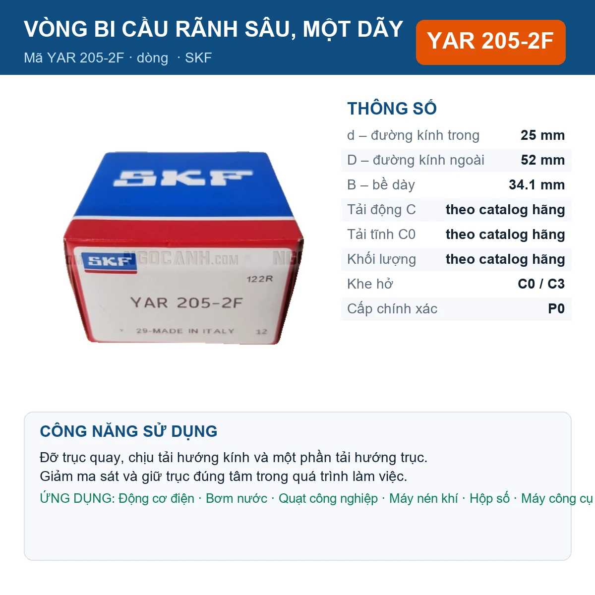 Vòng bi SKF YAR 205-2F — kích thước 25x52x34.1mm