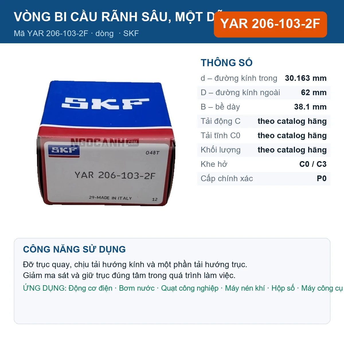 Vòng bi SKF YAR 206-103-2F — kích thước 30.163x62x38.1mm