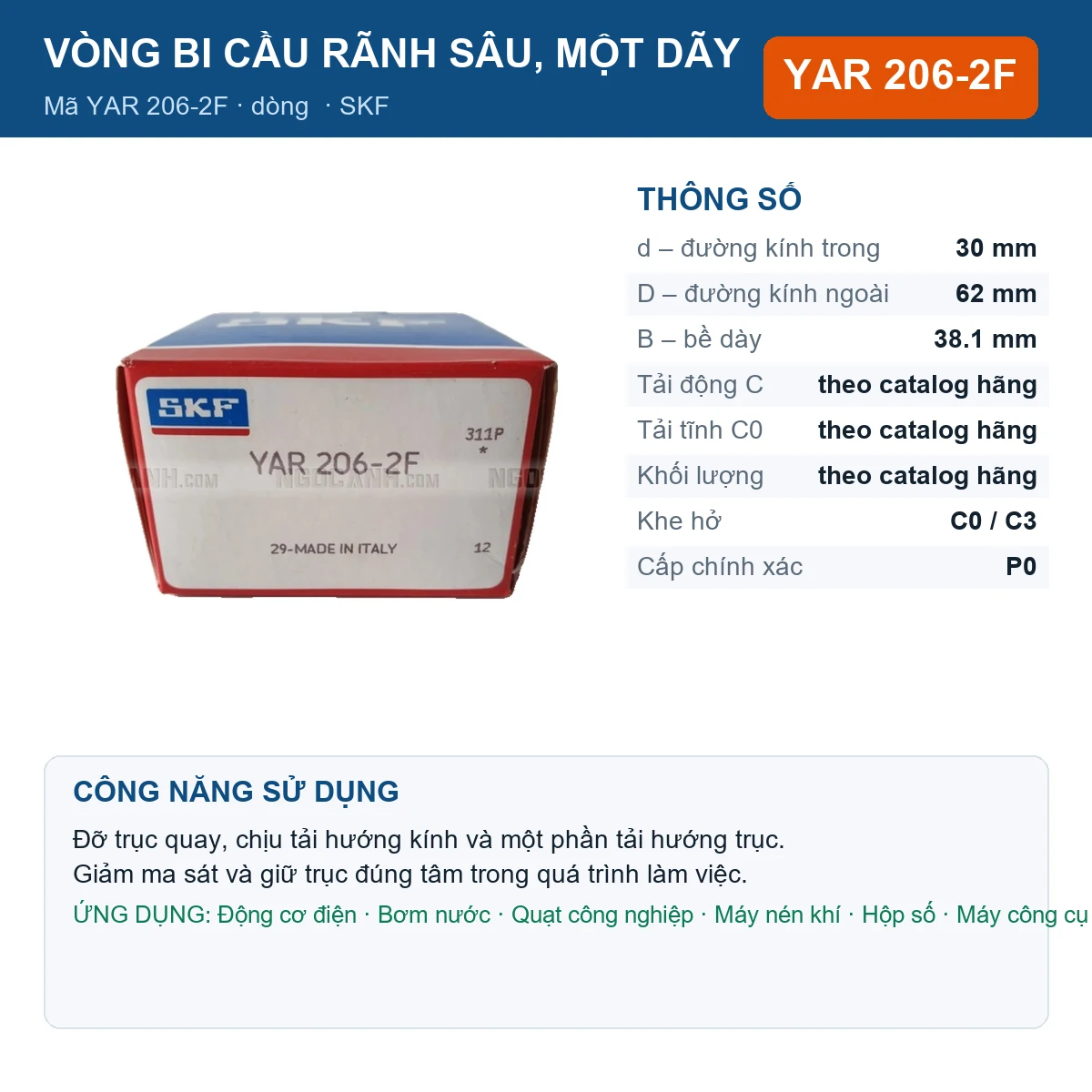 Vòng bi SKF YAR 206-2F — kích thước 30x62x38.1mm