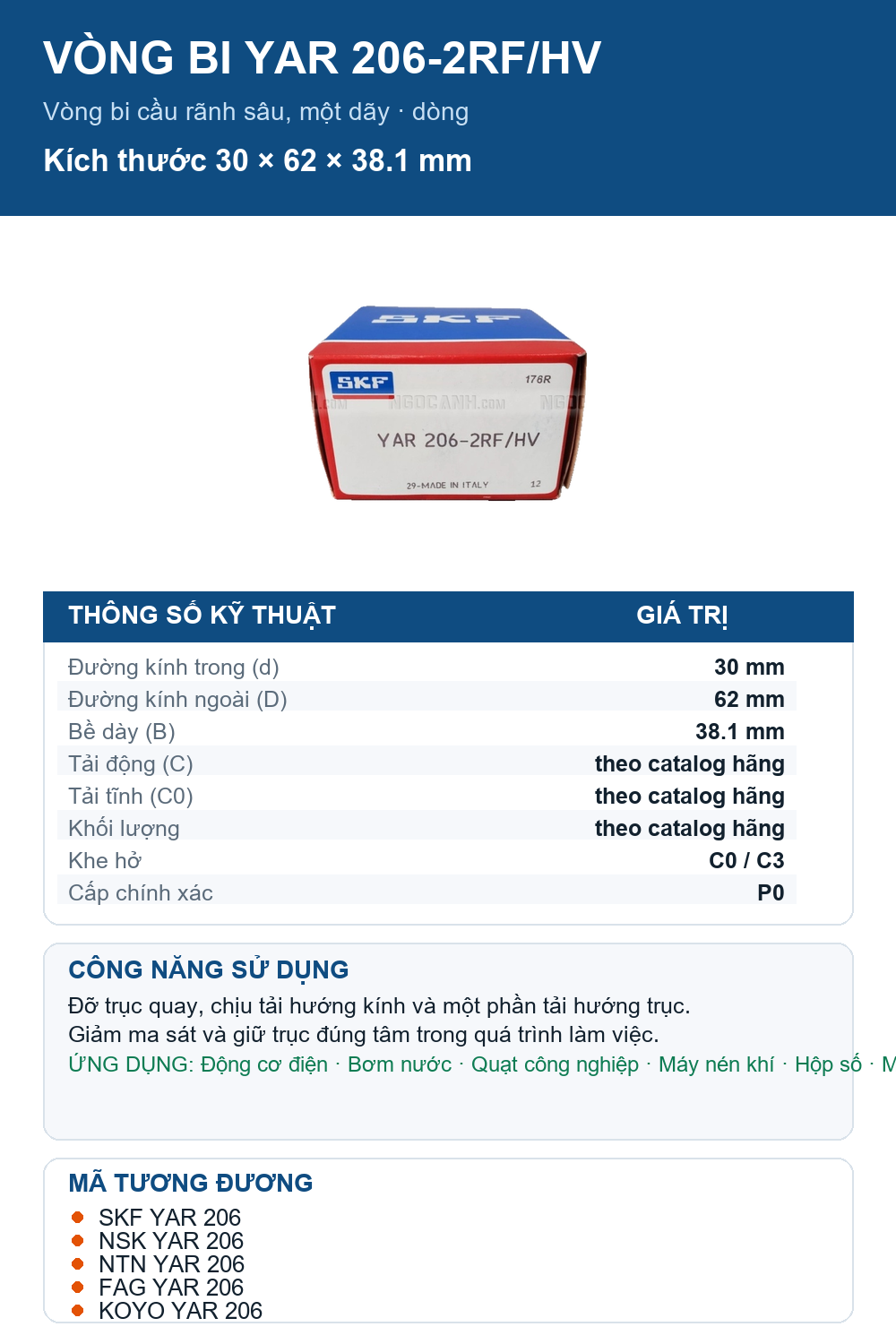 Vòng bi SKF YAR 206-2RF/HV 30x62x38.1mm — Ảnh thông số (Pinterest)