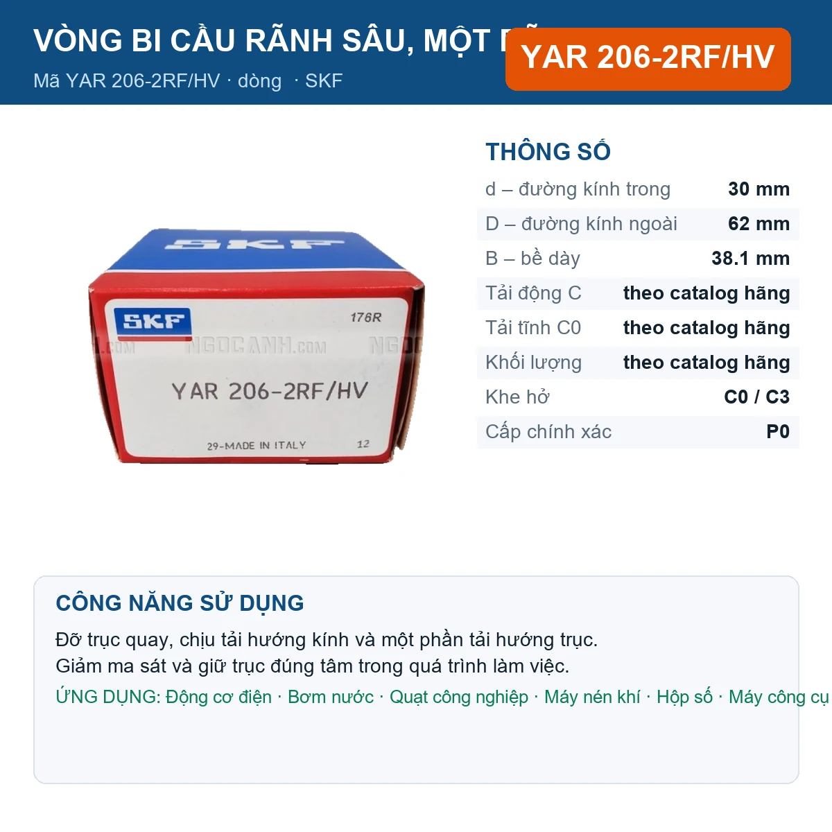 Vòng bi SKF YAR 206-2RF/HV — kích thước 30x62x38.1mm