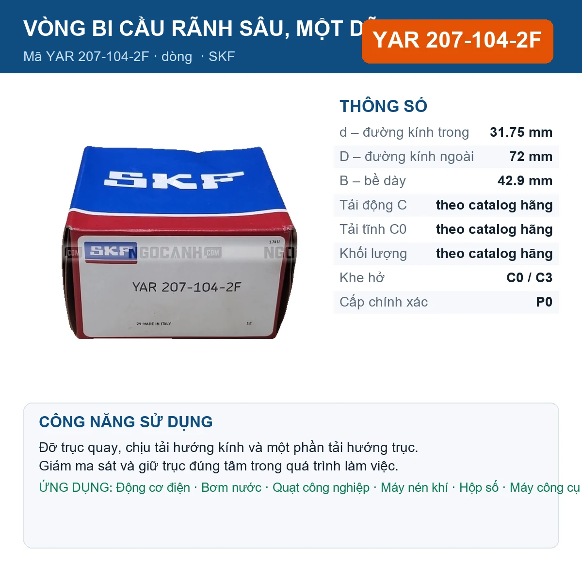 Vòng bi SKF YAR 207-104-2F — kích thước 31.75x72x42.9mm