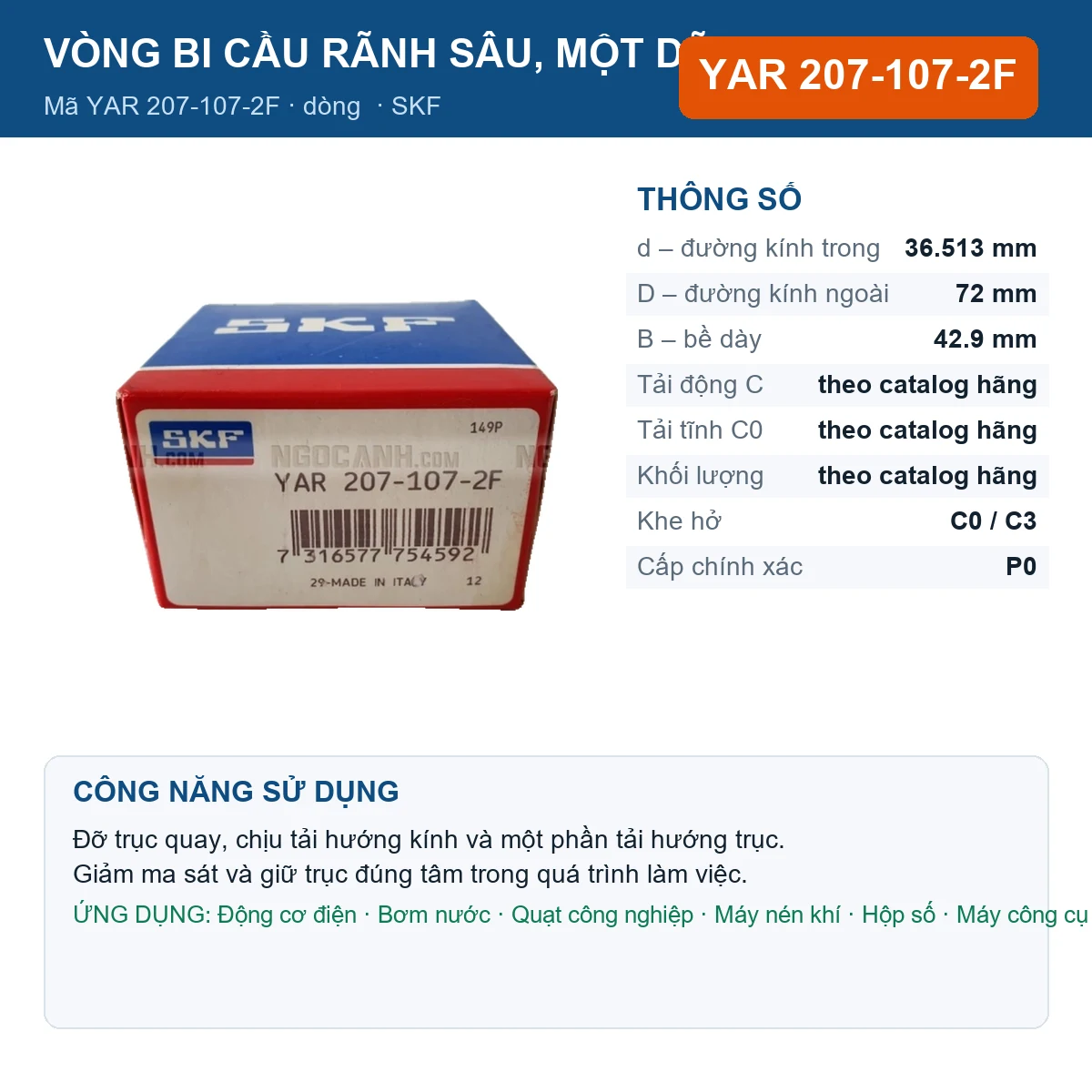 Vòng bi SKF YAR 207-107-2F — kích thước 36.513x72x42.9mm